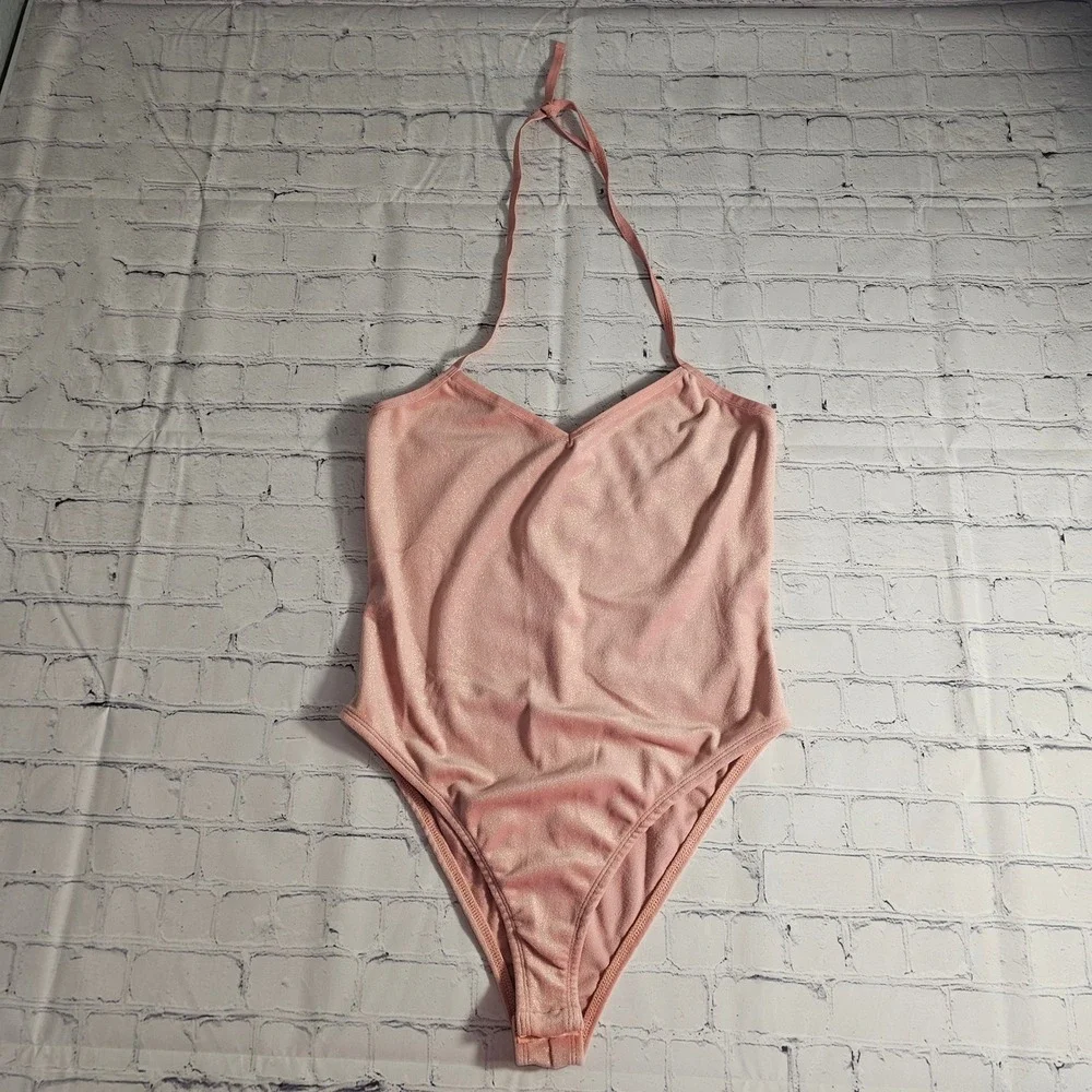 Dreamgirl Pink‎ Velour Halter Neck Thong Bodysuit Lingerie Size M/L Shimmer